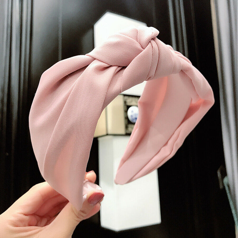 Women Headband Knot Solid Wide-brimmed Fabric Girl Hair Accessories (Pink) A