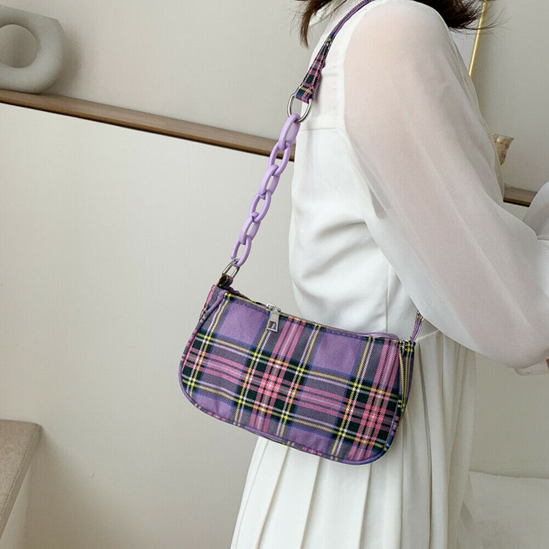 Retro Plaid Women Shoulder Underarm Bag Chain Handbags Canvas Tote (Purple)