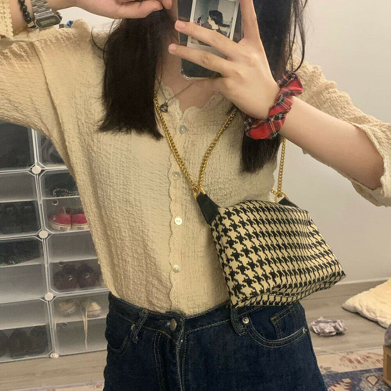 Retro Canvas Shoulder Chain Bag Women Elegant Plaid Pattern Crossbody Purse