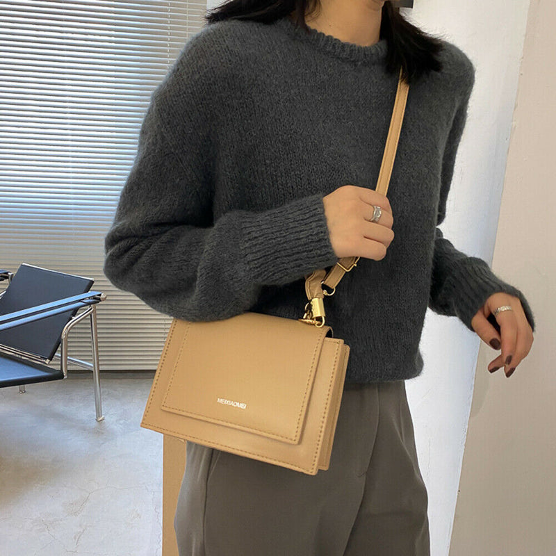 Handle Pleated Messenger Bag Women PU Solid Color Shoulder Handbags (Khaki)