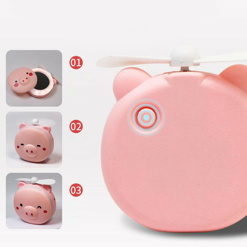 3in1 Cartoon Pig Shape Mini Makeup Mirror Fan Light Hand Held General Purpose