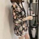 Women Plus Size Floral Print Chiffon Loose V-Neck Sleeve Top (Brown) (L)