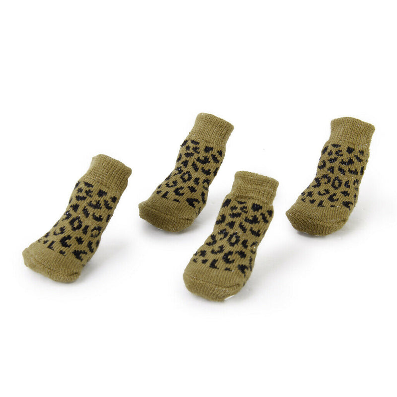 4Pcs Pet Dog Puppy Cat Leopard Print Non-slip Socks Indoor Soft Cotton Covers M