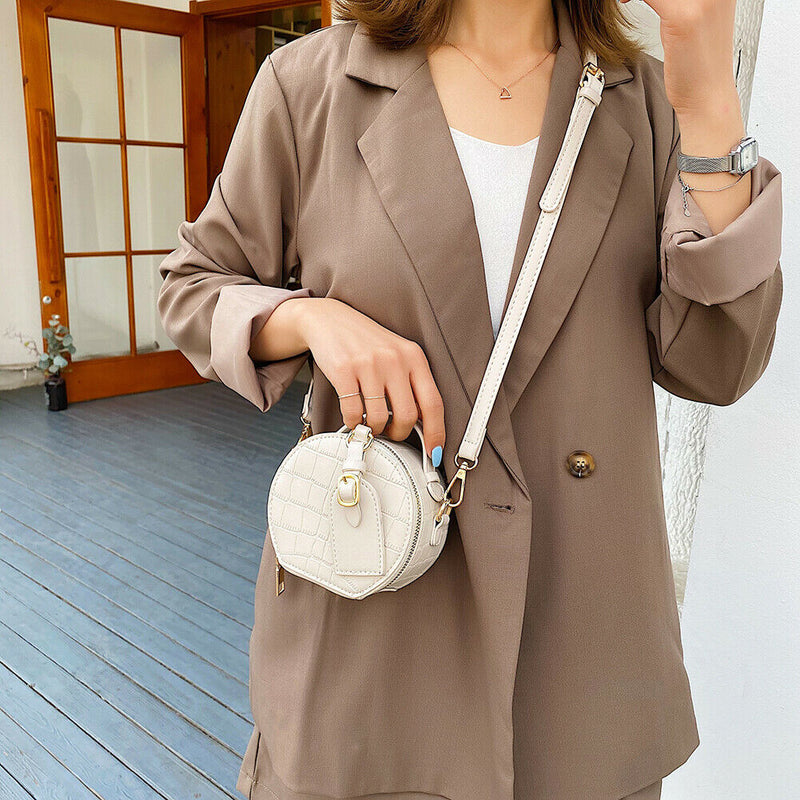 Women Small Round Shoulder Handbag Leather Stone Pattern Totes Bag (Beige) A