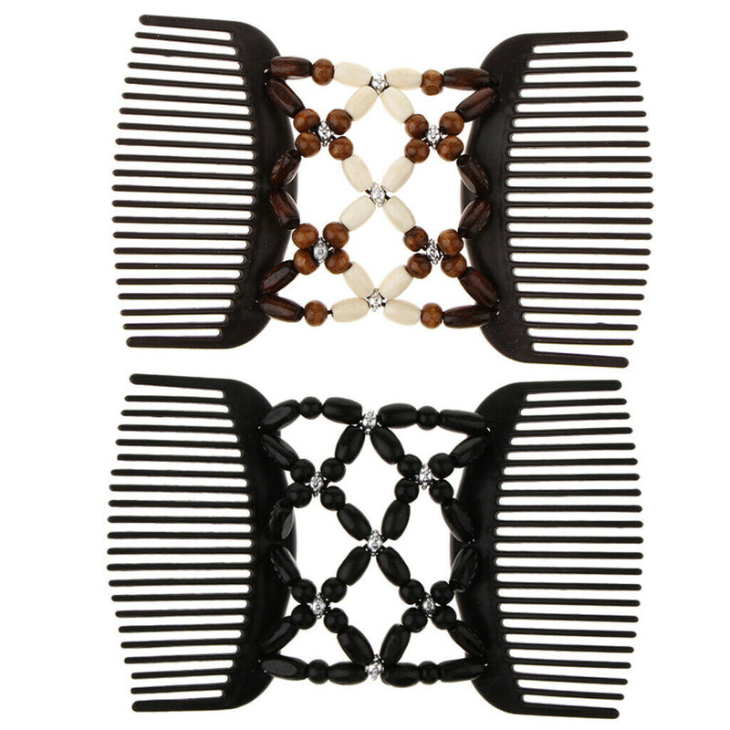 2Pcs  Wood Beads Double Hair Comb Clip Stretchy Thick Hair Clip Combs Girls