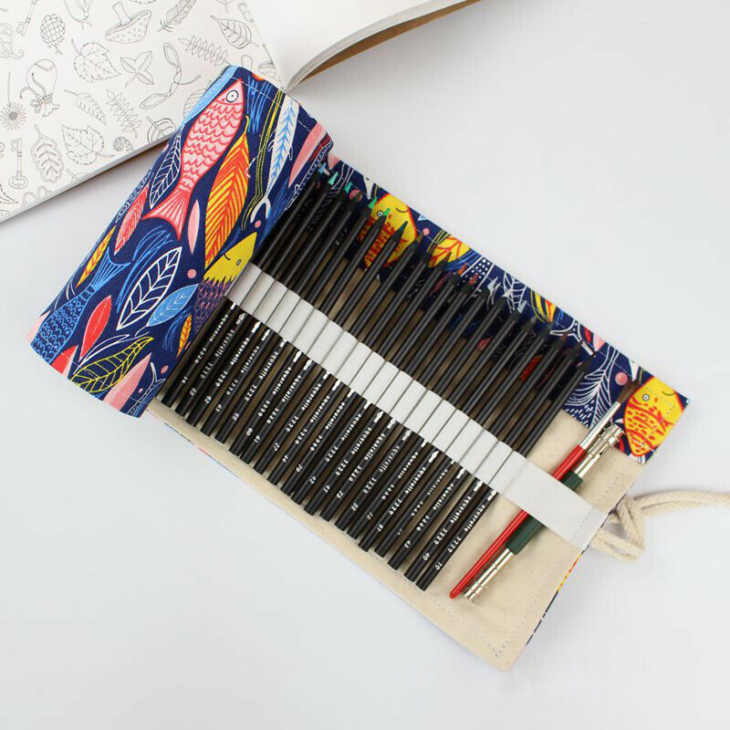 Colored Fish Canvas School Pencil Case 72 Holes Roll Pencil Case Large Pen  B8H5