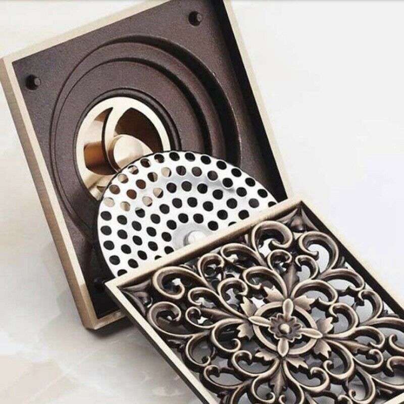 Flower Carved Art Square Bathroom Floor Drain Copper Deodorant Floor Drain  Q1Q5