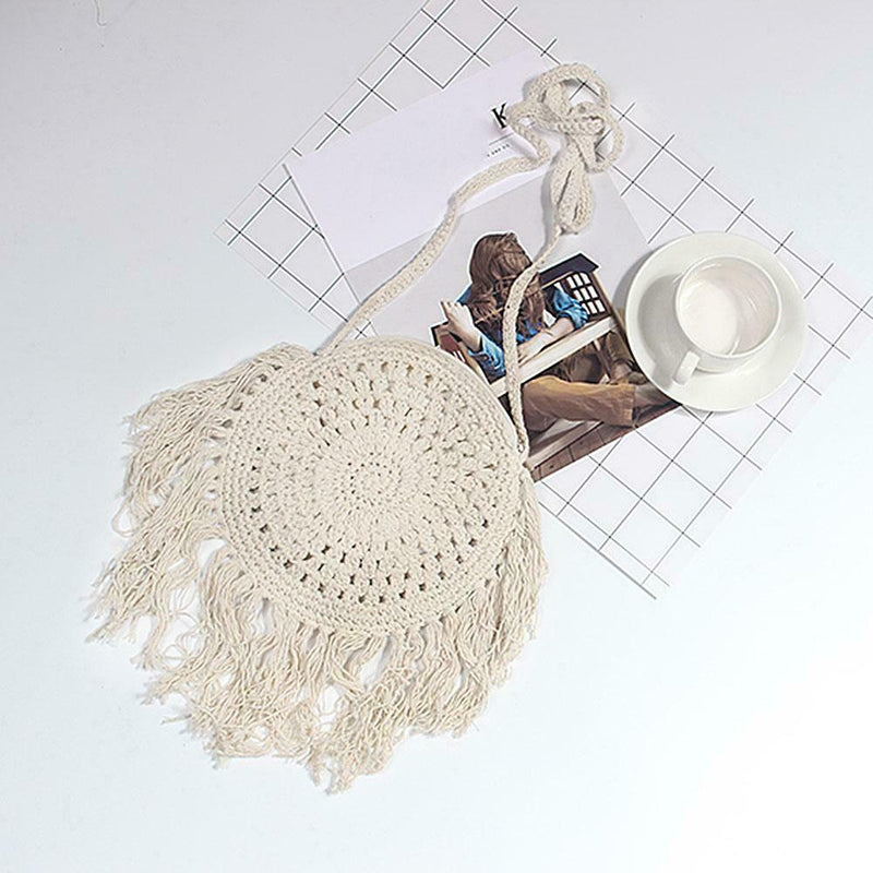 Woven Tassel Shoulder Handbags Women Round Knit Beach Crossbody Bag (White)
