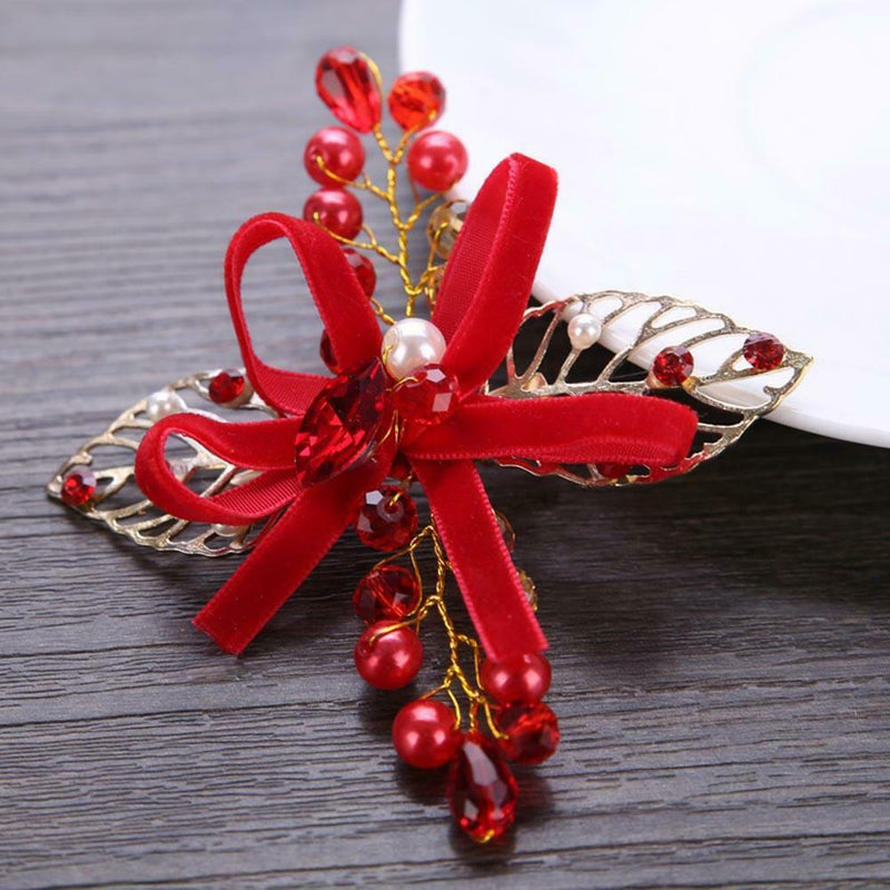 Women Red Crystal Leaf Hairpin Kids Girls Bride Wedding Bowknot Hair Clips A
