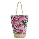 Folk Women Watermelon Print Bucket Handbag Beach Canvas Straw Shoulder Bag