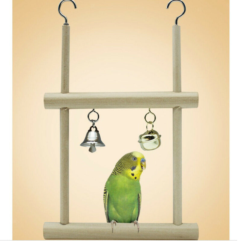 Set of 2, Bird Stand Perch with Mirror & A Bell wooden Swing for Budgie Parakeet