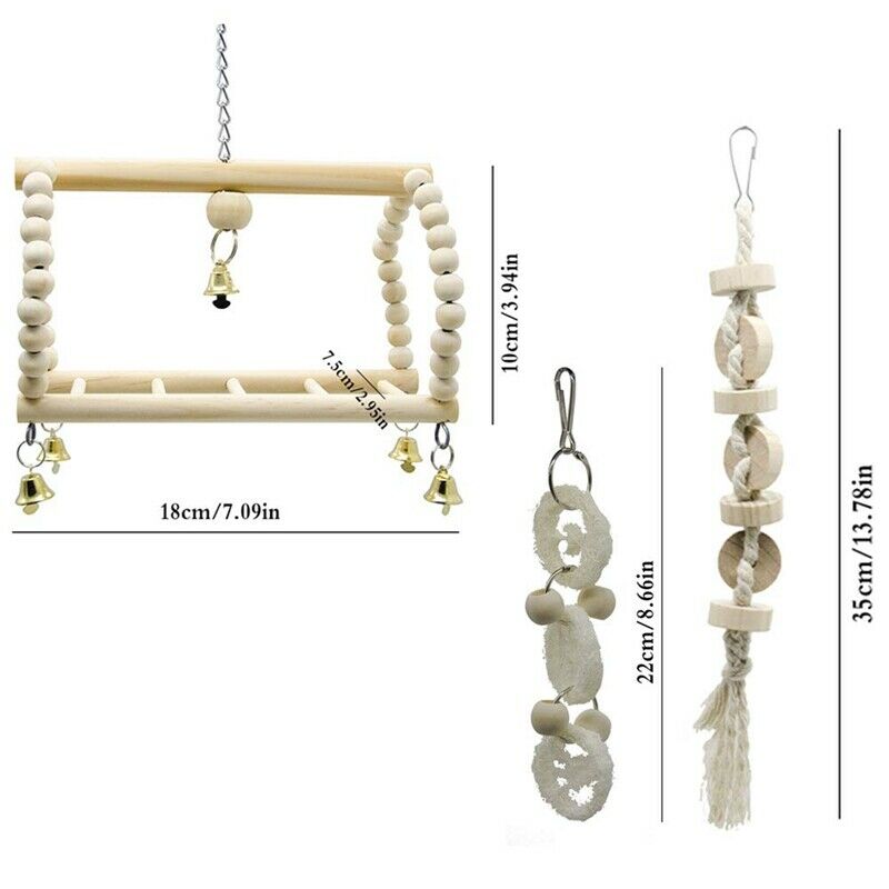 7 Packs Bird Parrot Swing Chewing Toys- Natural Wood Hanging Bell Bird Cage
