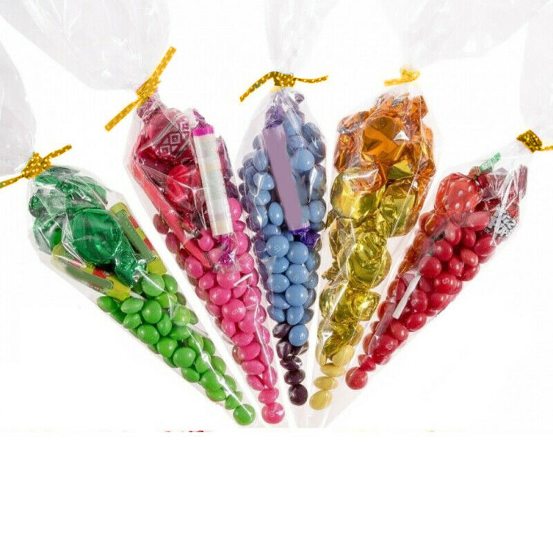 600pcs Clear Cellophane Cone Bags Twist Ties Large Size Party Sweet Cello Candy