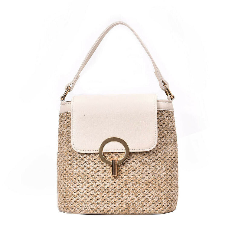 Straw Weave Women Bucket Handbags Summer Beach Totes Shoulder Bags (White)