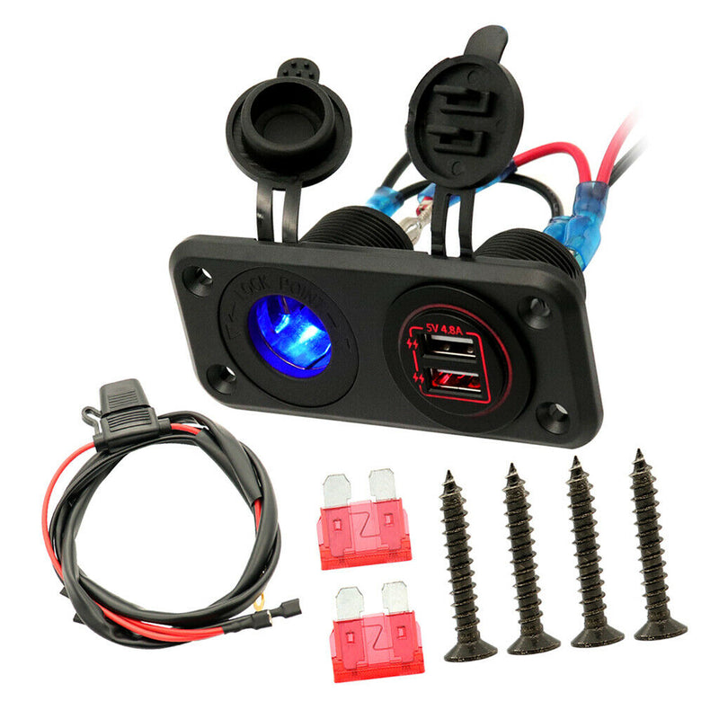 Dual USB Charger Socket Waterproof Power Outlet Fast Charge with Wire and Fuse