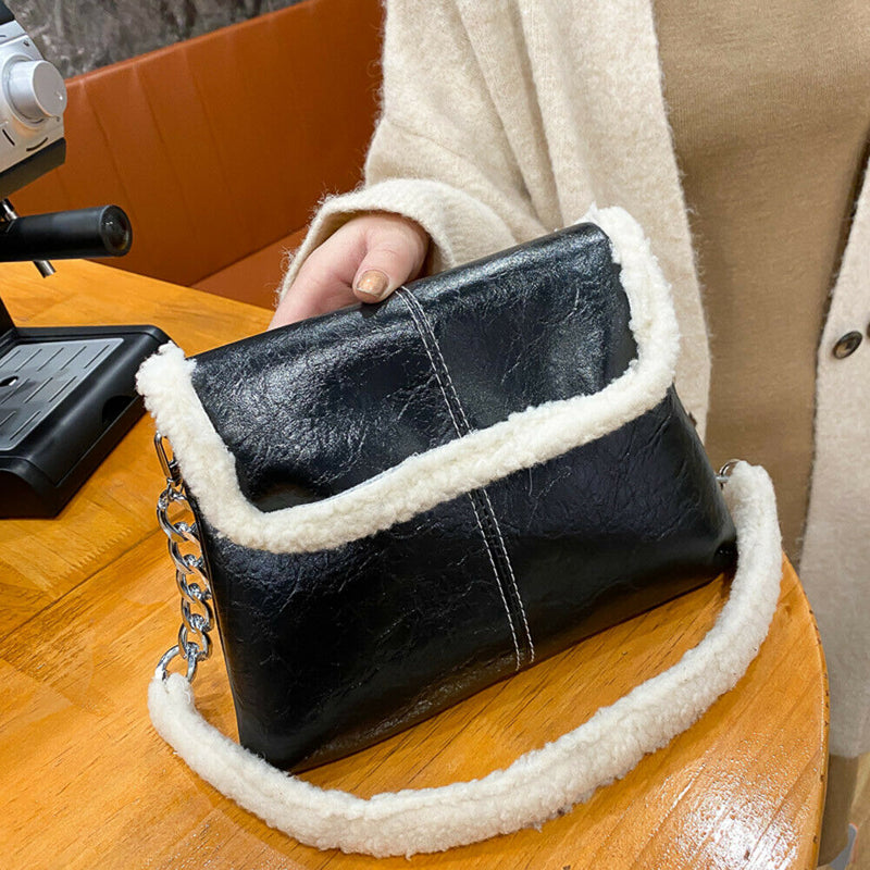 Retro Splicing Leather Plush Chain Tote Autumn Women Shoulder Messenger Bag
