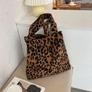 Women Corduroy Handbag Animal Print Big Capacity Shoulder Bag (Leopard)
