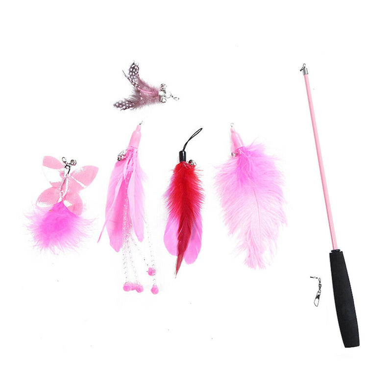 Pet Telescopic Feather Teaser Wand Rod Cat Toys w/ Replacement Head (Pink) A