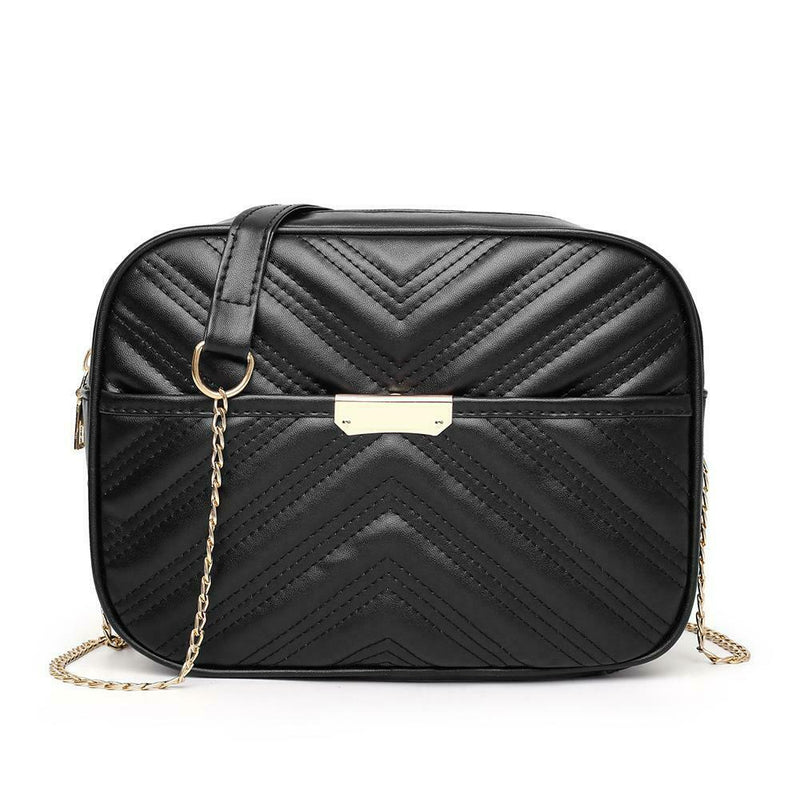 Women Simple Leather Crossbody Bag Chain Shoulder Messenger Handbag (Black) A