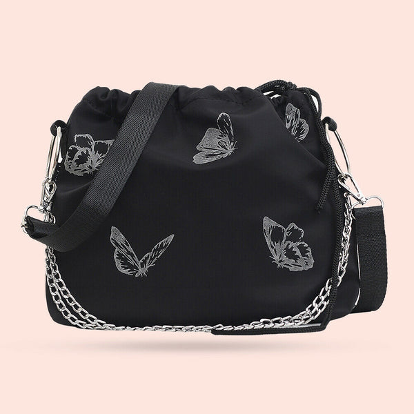 Luminous Butterfly Messenger Bag Women Drawstring Shoulder Handbag (Black)
