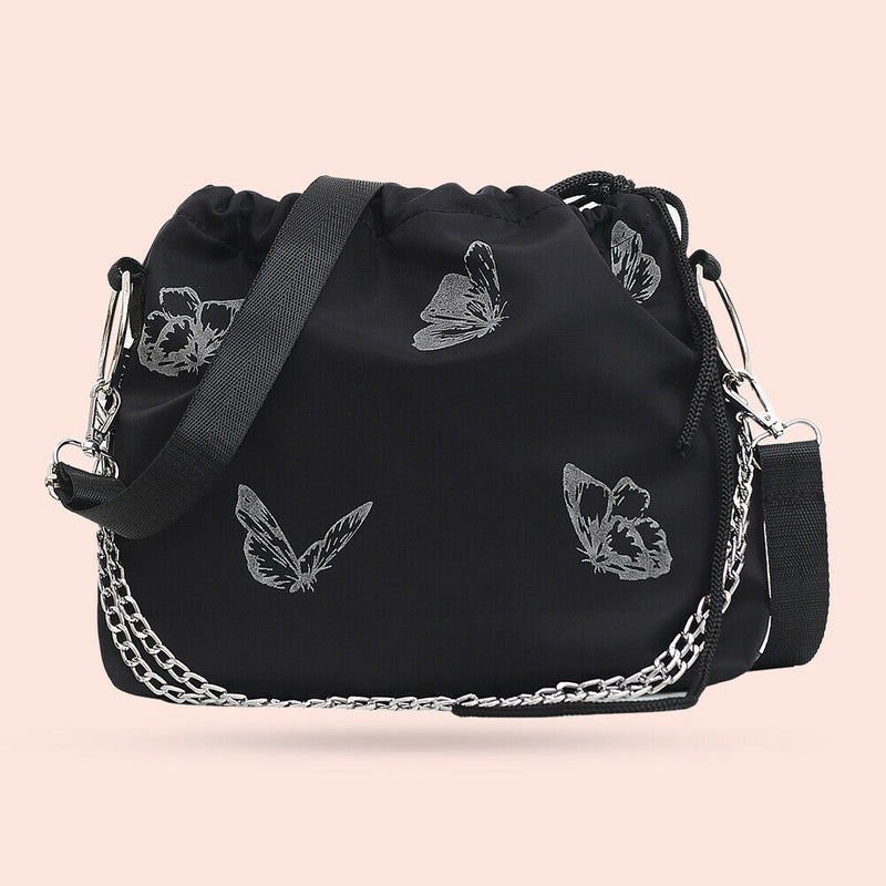 Luminous Butterfly Messenger Bag Women Drawstring Shoulder Handbag (Black)