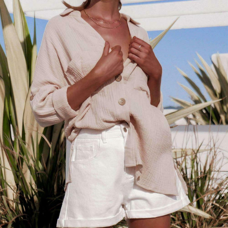Long Sleeve Blouse Women Turn Down Collar Plain Cardigan Tops (Khaki XL) A