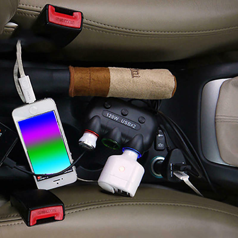 3 Way Triple Car Cigarette Lighter Socket Splitter LED Light+2 USB DC 12V MA493