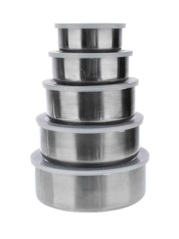 5PC Stainless Steel Round Sealed Crisper Fresh Bowls Food Beans Storage Bowl Box