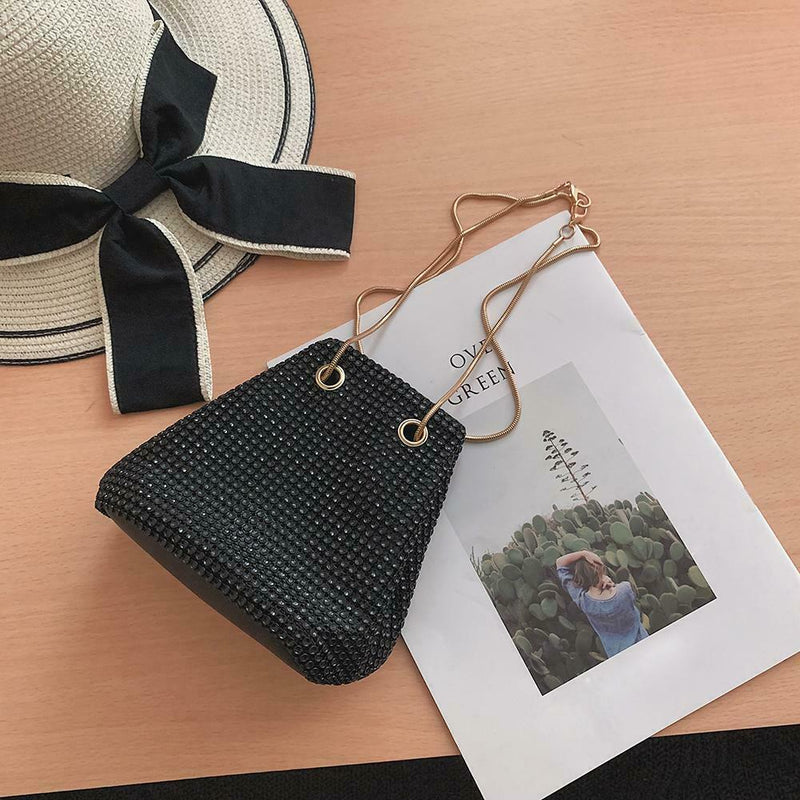 Rhinestone Shoulder Messenger Handbags Women Crossbody Bucket Bags (Black) A