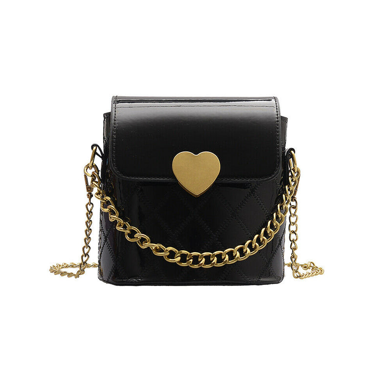 Women Bucket Shoulder Bag Leather Love Buckle Chain Crossbody Bags (Black)