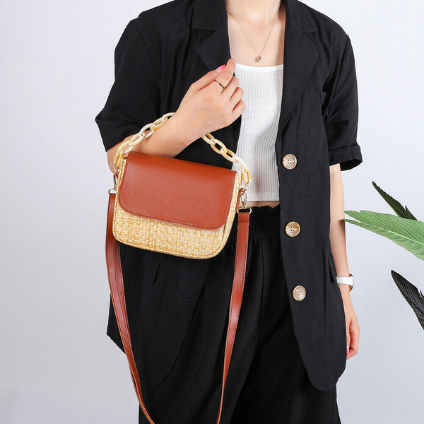 Woven Straw Shoulder Bag Women PU Splicing Beach Travel Small Money Pouch