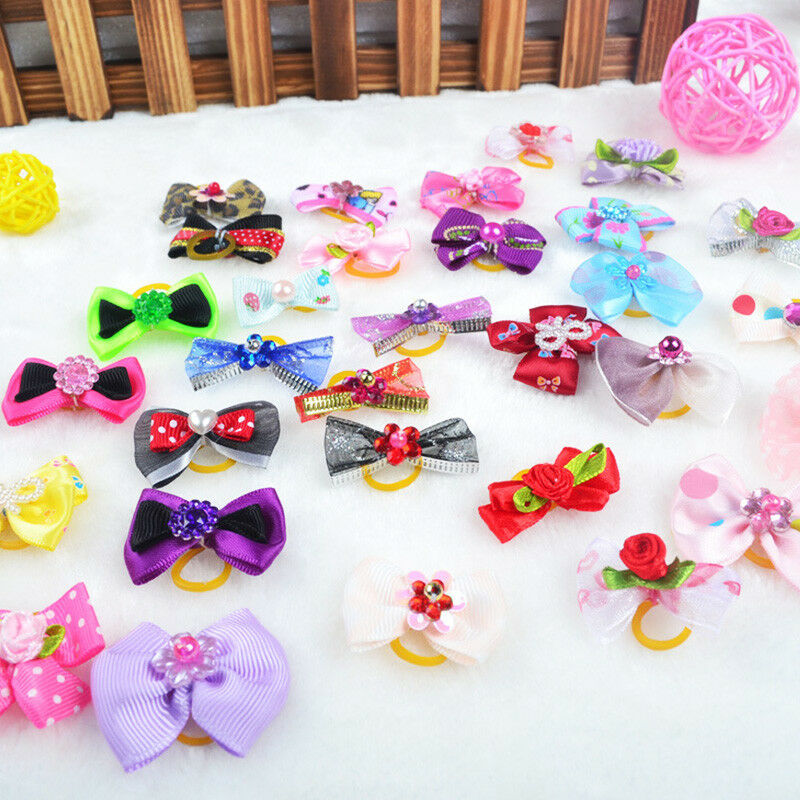 20pcs/lot Pet Decor Assorted Bows with Rubber Bands Pet Cat Dog Hair NEW