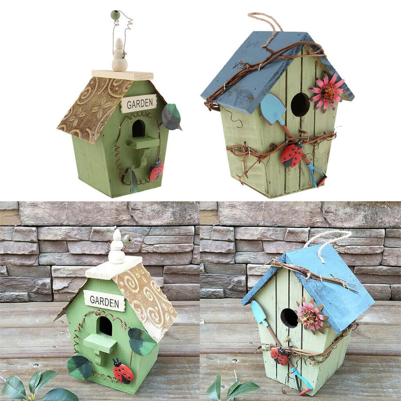 2 x Hand-painted Wooden Birdhouse with Jute Cord Home Outdoor Garden Decoration