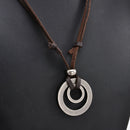 Fashion Mens Retro Leather Cord Necklace Double Circle Ring Pendant Jewelry Gift