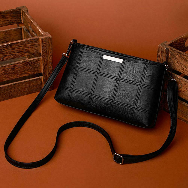 Fashion Korean Women Handbag PU Plaid Messenger Bag Shoulder Bags(Black)