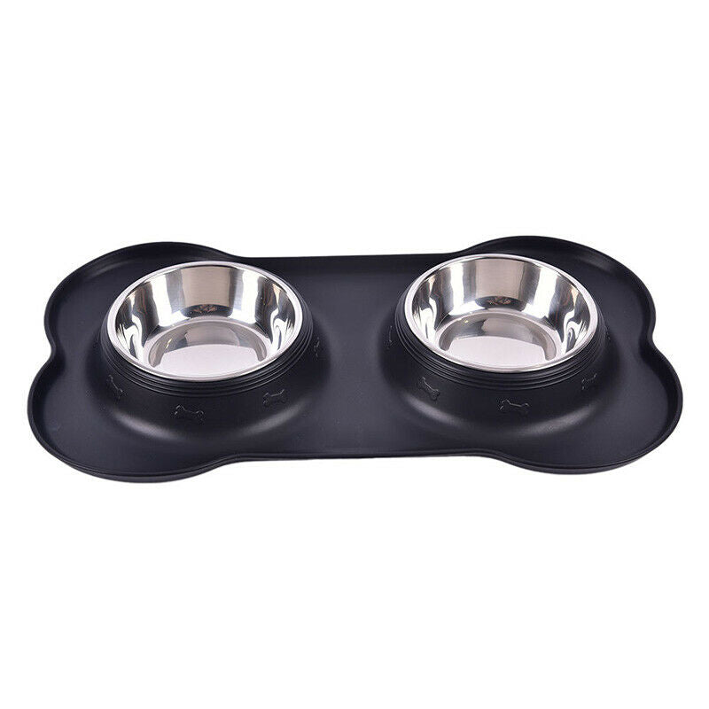 Pet Dog Double Feeder Bowl Stainless Steel Silicone Mat Food Water Bowl SetSEAU