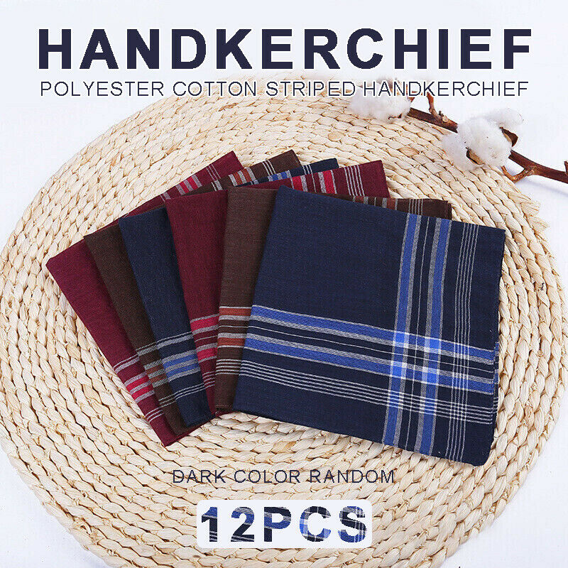 12 Pcs 37*37 cm Mens Handkerchiefs Gentlemens Hankies Cotton Blend Plaid Hanky