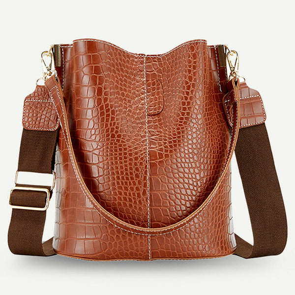 Crocodile Leather Women Shoulder Bag Messenger Bucket Handbag (Light Brown) A#S