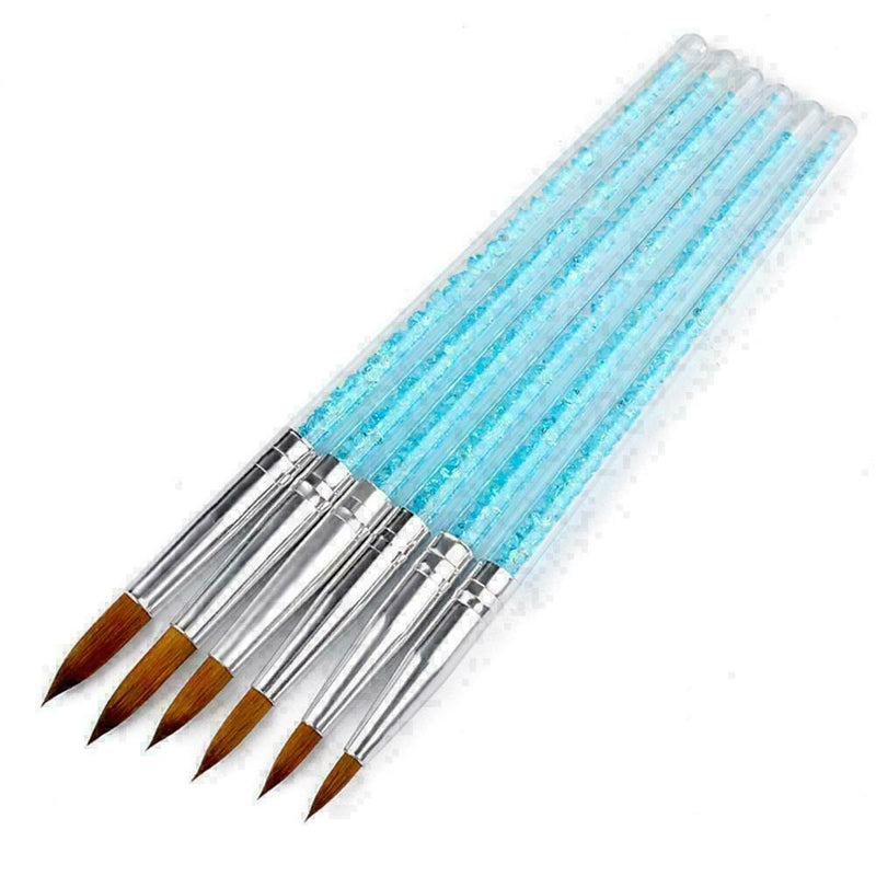 6Pcs/set Nylon Hair Nail Brush Blue Rhinestone Handle Kolinsky Acrylic Brus X3J0
