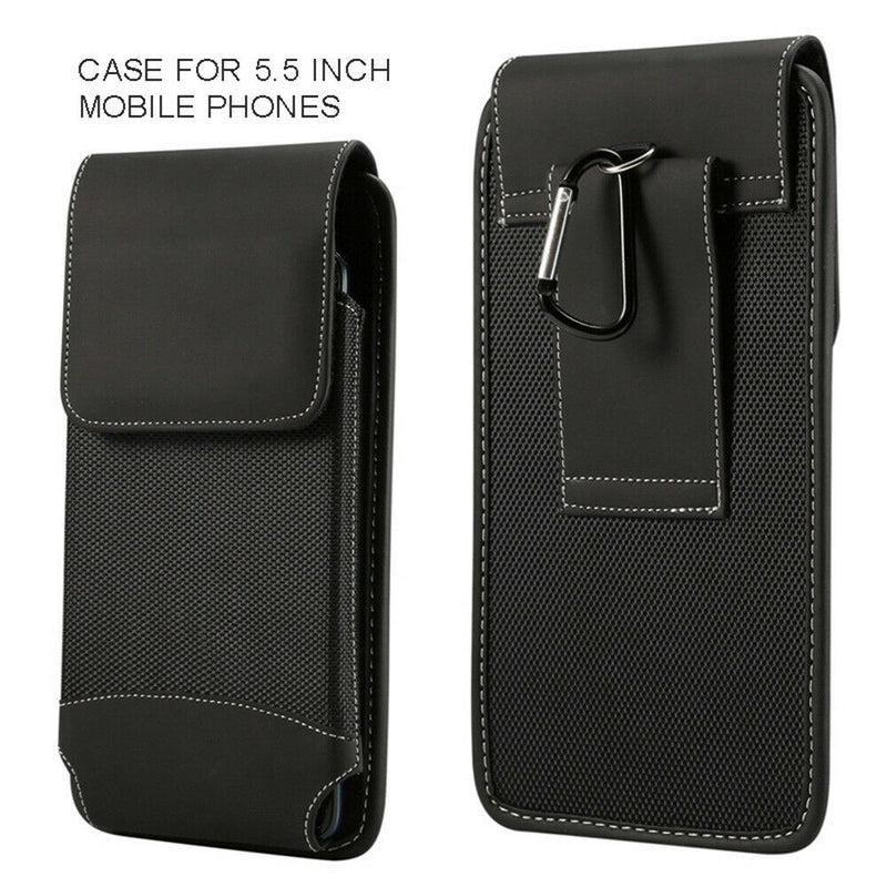 For 5.5 Inch Phone Belt Bag Black Flip Holder Pouch Universal w/ Carabiner Hook
