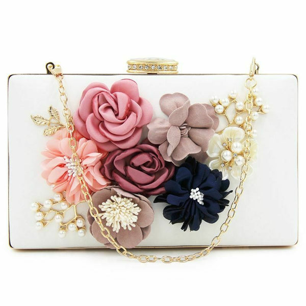Women Clutch Bag Floral Party Purse Wedding Evening Handbags, White V6J4