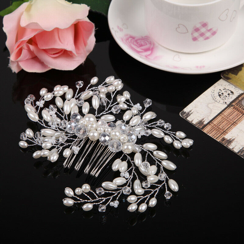 Handmade Pearls Tiara Hair Comb Bride Headwear Wedding Jewelry Accessories A