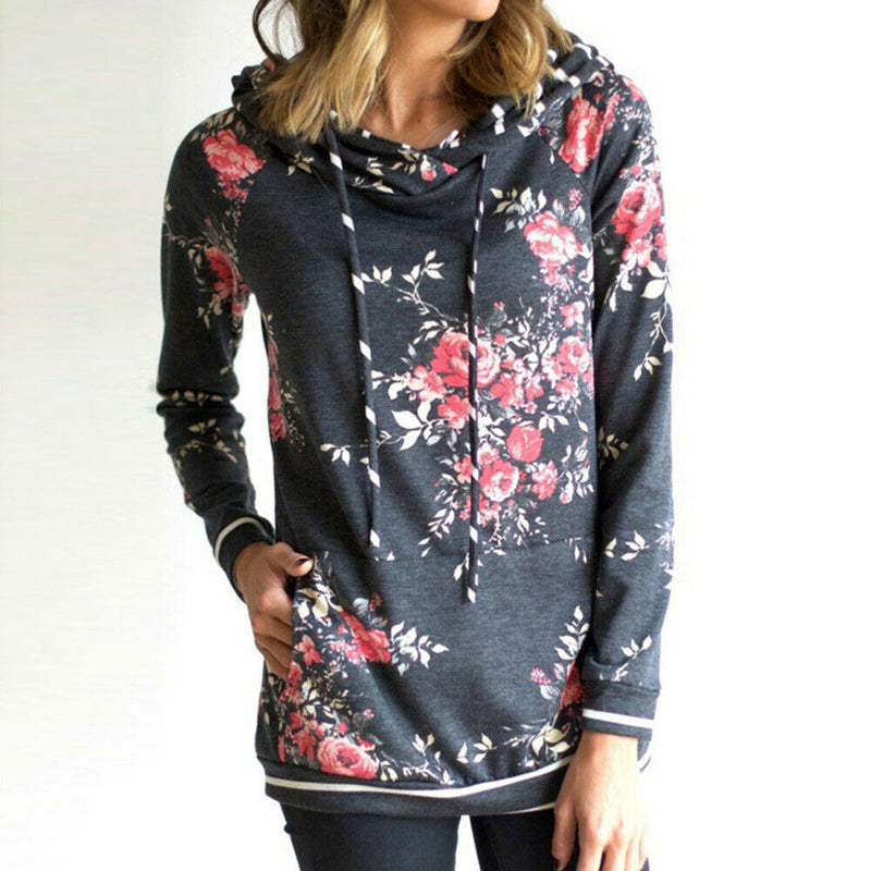 Womens Dark Gray Pullover Long Sleeve Floral Hoodies Coat Sweatshirt W/ Pocket