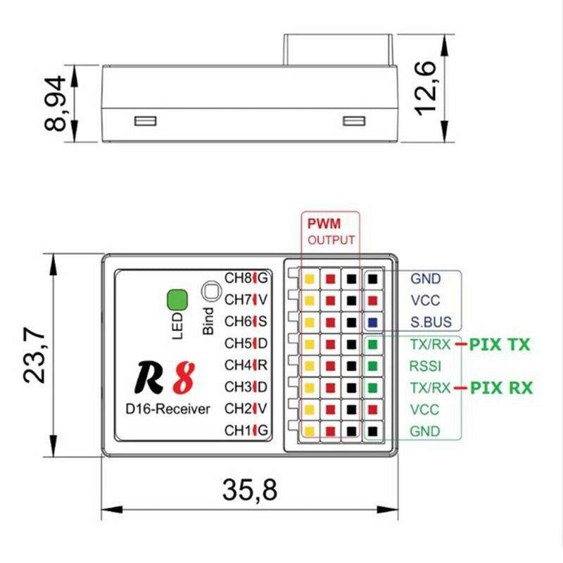R8 Receiver 1-8 channels for FRSKY D16 D8 PIX, PX4 Radio Remote Controller
