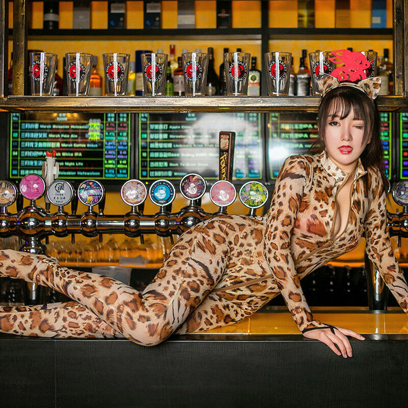 Sexy Women Leopard Wet Look Jumpsuit Bodycon Bodysuit Zipper Playsuit Linge Kw