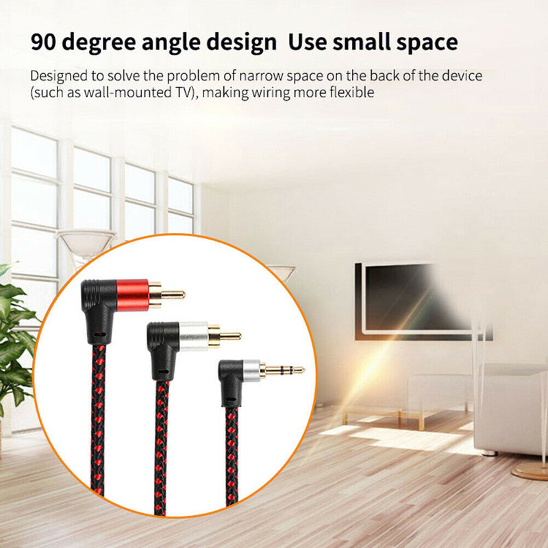 1m 90 Degree 3.5mm Male to 2 RCA Male Cable Right Angle AUX Y Splitter Cord