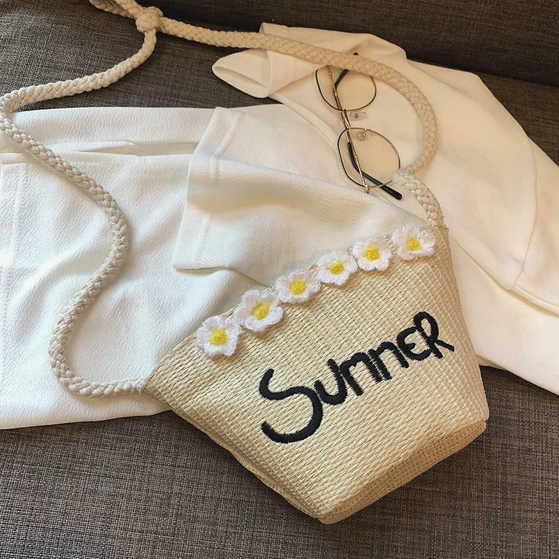 Straw Messenger Bags Woven Beach Crossbody Women Shoulder Handbags (Beige)