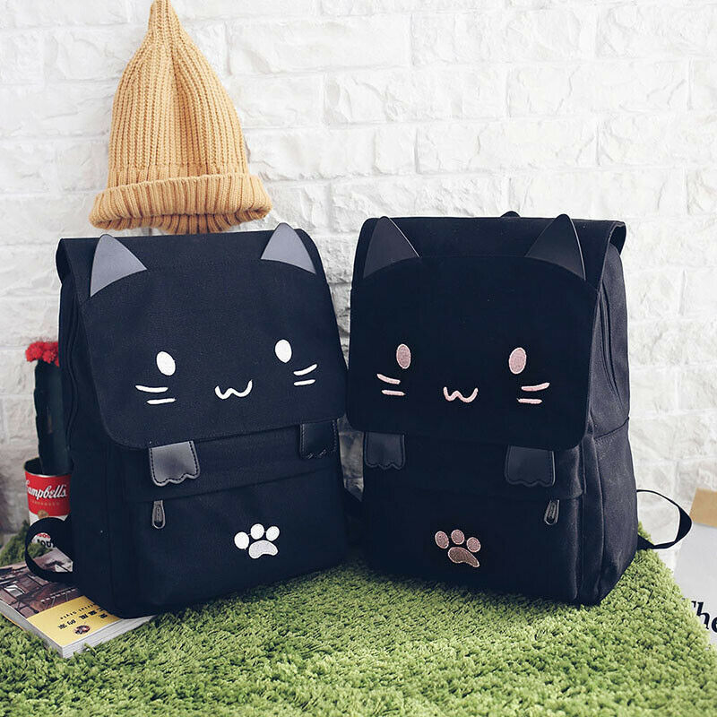 fashion Cute Cat Embroidery Canvas Student bag Cartoons Women Backpack Leis G1R7