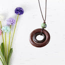 Unisex Retro Double Circle Pendant Brown Wood Bead Pendant Rope Chain Neckl S9C2