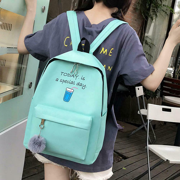 4pcs/Set Women Canvas Backpack Teenage Girls Shoulder Schoolbag (Green)